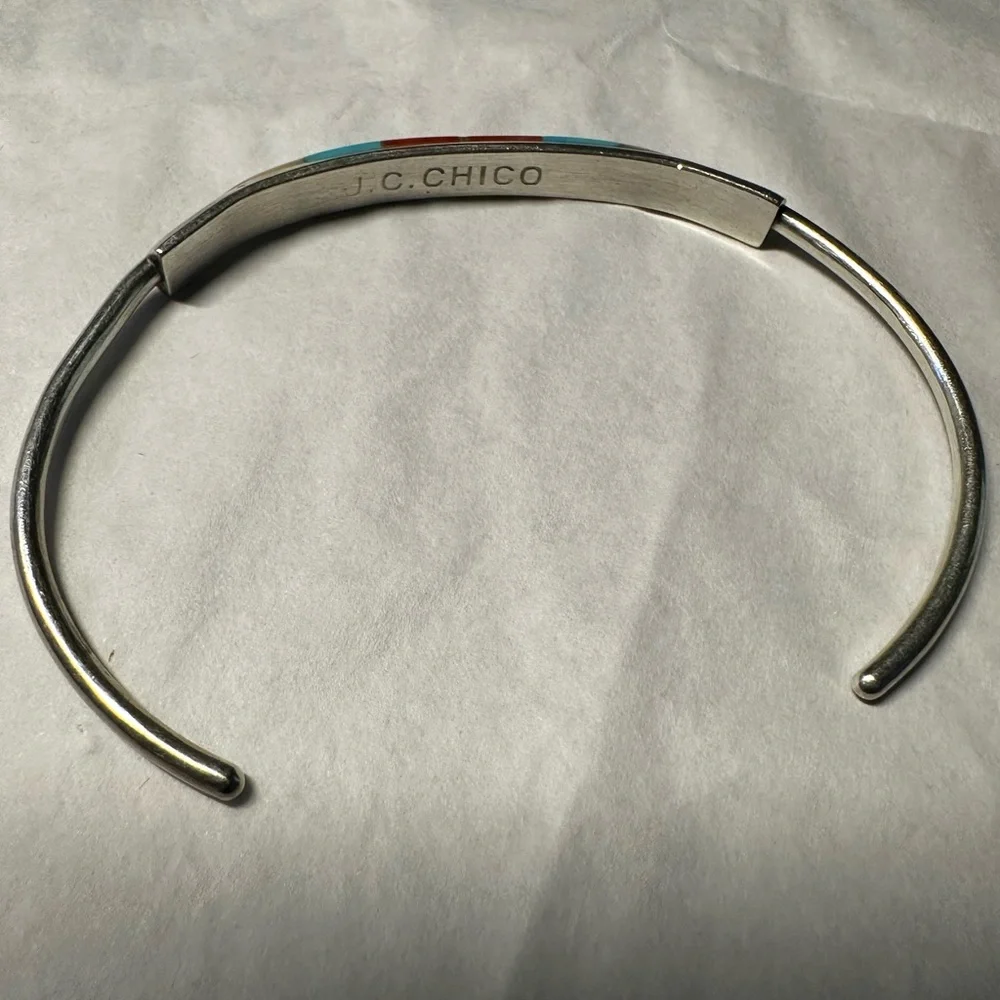 Vintage handmade Native American Zuni inlaid turquoise silver cuff bracelet - Picture 5 of 12